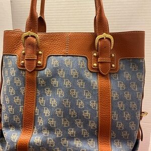 Dooney & Bourke Blue Monogram Denim Tote with Brown Leather Trim